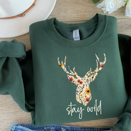 "Stay Wild" Wildflower Deer Crewneck Sweater